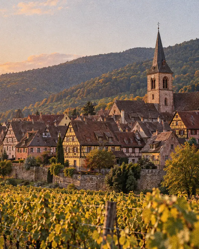 Half timbered village and golden vines at sunset, for our Alsace Allure collection of Alsace Wine.