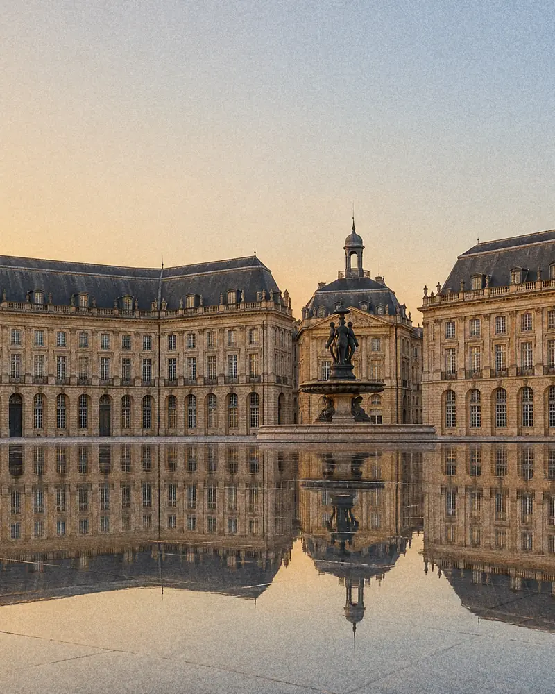 Place de la Bourse and its water mirror at golden hour, for our Bordeaux Elégance collection of Bordeaux Wine.